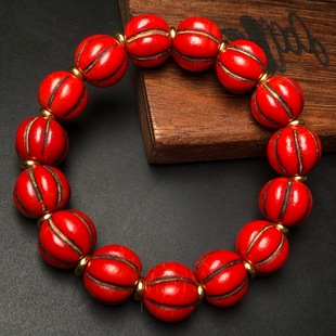 藏传喜马拉雅老琉璃雪巴珠手串风化纹红色瓜珠单圈手链
