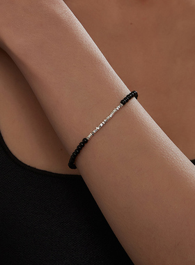 KITSH黑玛瑙碎银纯银手链小众ins潮酷个性风简约高级感手环手绳