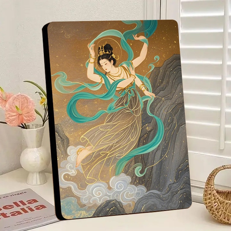 敦煌风美女木制水晶相框装饰摆件客厅书房玄关办公桌桌面摆台定制