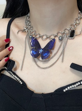 梦幻蓝色蝴蝶流苏项链甜酷辣妹高级感小众锁骨链时尚潮流设计饰品