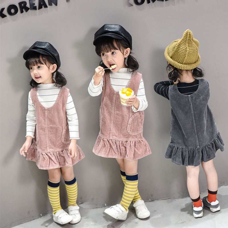 森系女童春装2018新款韩版宝宝儿童装条绒灯芯绒裙子纯棉背带裙背