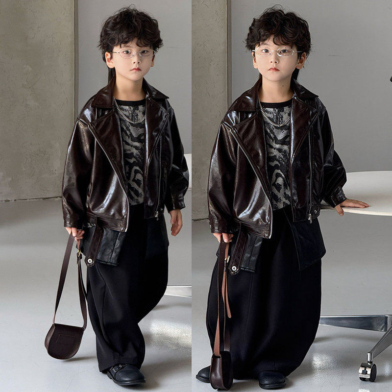 2025痞帅男童皮衣外套秋冬韩版儿童机车服套装男孩炸街皮夹克潮酷