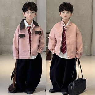 痞帅男童粉色皮夹克外套2025新款机车服潮酷套装儿童炸街皮衣上衣