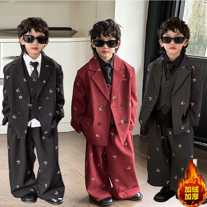 痞帅男童西装套装冬季加绒加厚儿童休闲西服男孩模特走秀礼服潮酷