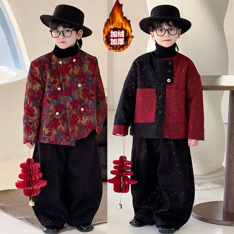 痞帅男童小西装套装冬季加绒红色小香风外套时髦男孩喜庆拜年服酷