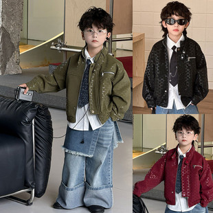 男童皮衣外套2025新款痞帅男孩红色皮夹克套装帅气儿童机车服潮酷