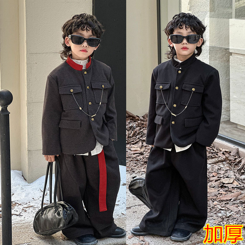 男童中山装套装冬季新中式儿童加厚小西服帅气男孩演讲主持人礼服