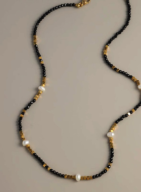 天然极细淡水珍珠黑尖晶石头碎银子项链女轻奢小众叠戴锁骨颈链潮