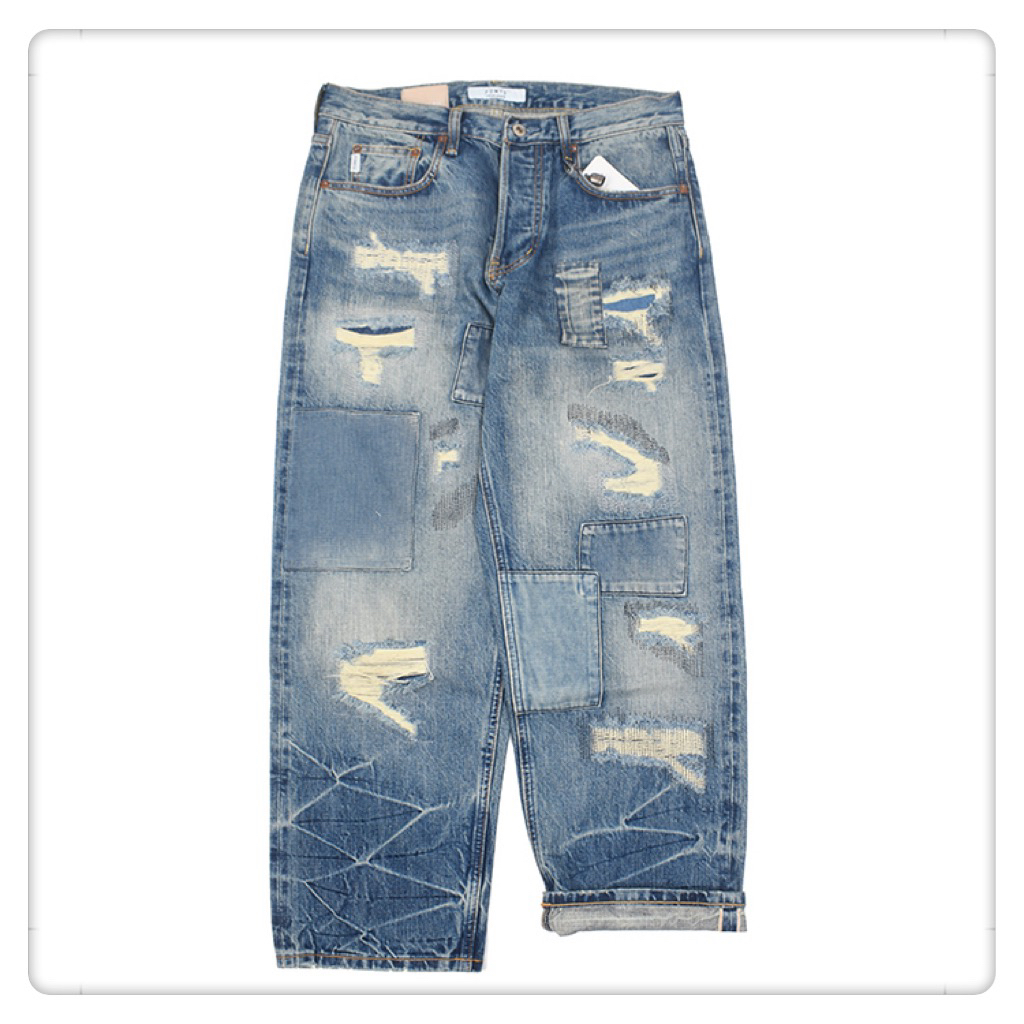 fdmtd闪电剌子牛王宽松阔腿直筒重磅水洗赤耳男士九分牛仔裤