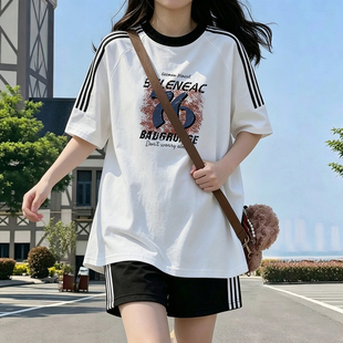 三条杠美式炸街休闲运动服套装女夏学生韩版时尚宽松短袖短裤跑步