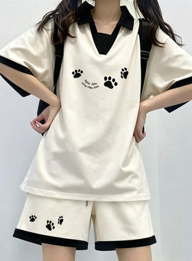 甜酷少女风polo领短袖拼色短裤装