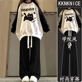 上衣长袖 子宽松bf慵懒风小个子插肩袖 套装 圆领卫衣女初中生女孩裤