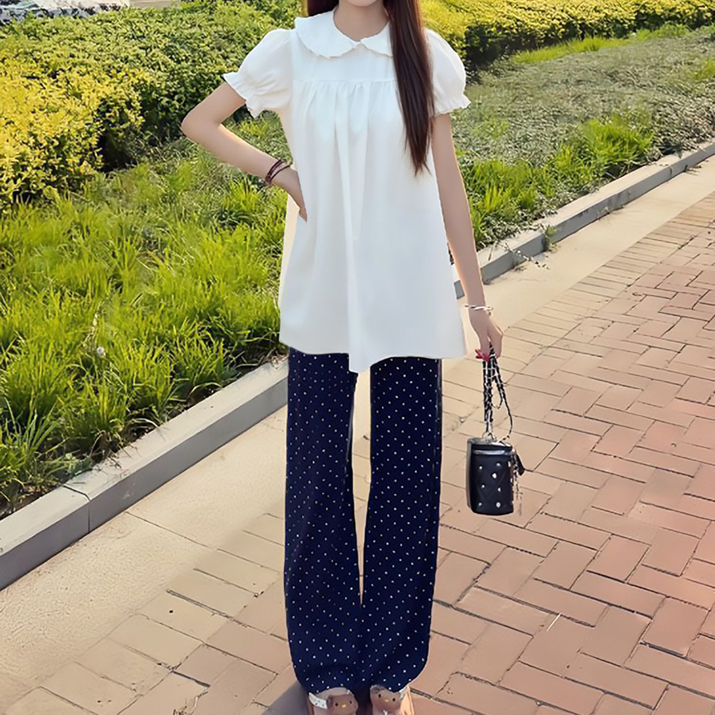 甜美风宽松t恤娃娃领连衣裙波点微喇裤两件套装女初中学生休闲服