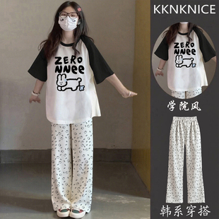 网红2025炸街裤子kt猫印花白色垂感裤青少年裤子女初中生休闲套装
