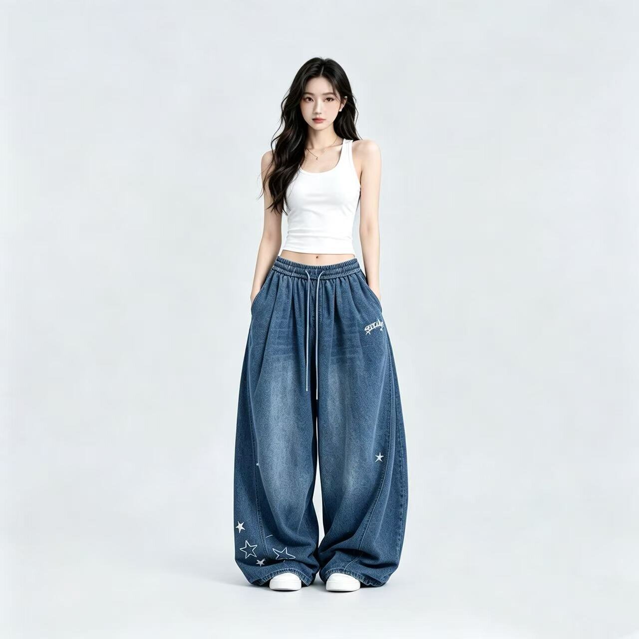 K865秋季新款广场曳步爵士舞潮牌星纹美式时尚潮流百搭牛仔女长裤