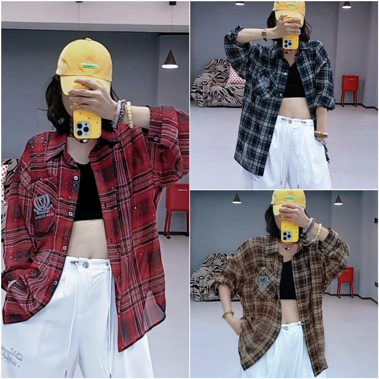 605春夏垂感格子衬衫宽松珍珠雪纺纱广场曳步爵士现代舞撒银衬衣