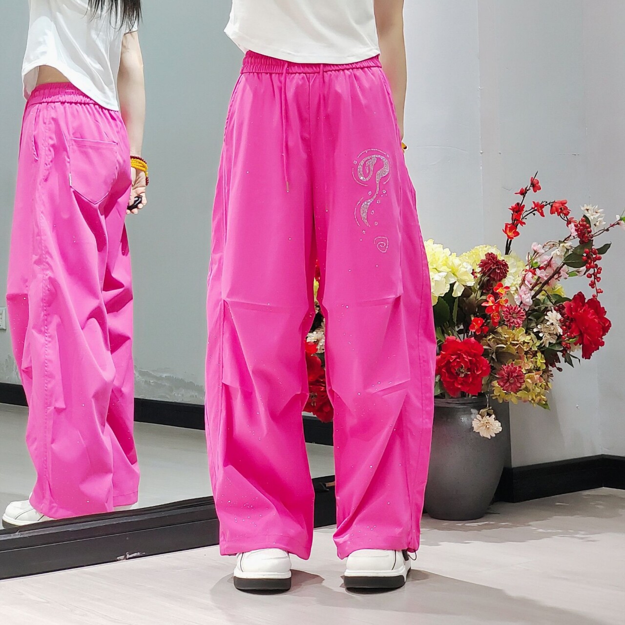 CX6678夏季新款伞兵裤撒银满天星透气烫钻阔腿广场曳步现代舞裤子