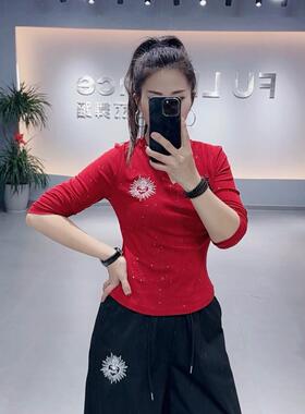 5001春夏新款广场曳步舞爵士现代舞长袖T恤亮晶晶修身团队上衣潮