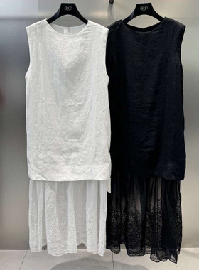 YKS欧货无袖拼接蕾丝亚麻背心长裙假两件韩版甜美连衣裙女251039