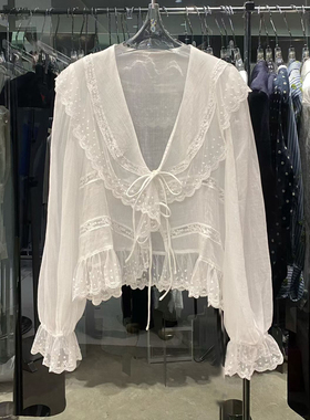 2026夏季新款法式度假风荷叶边衬衫女系带蝴蝶结喇叭袖百搭上衣