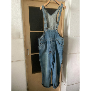 蓝色连体裤 慵懒风牛仔背带裤 女高腰直筒宽松做旧长裤