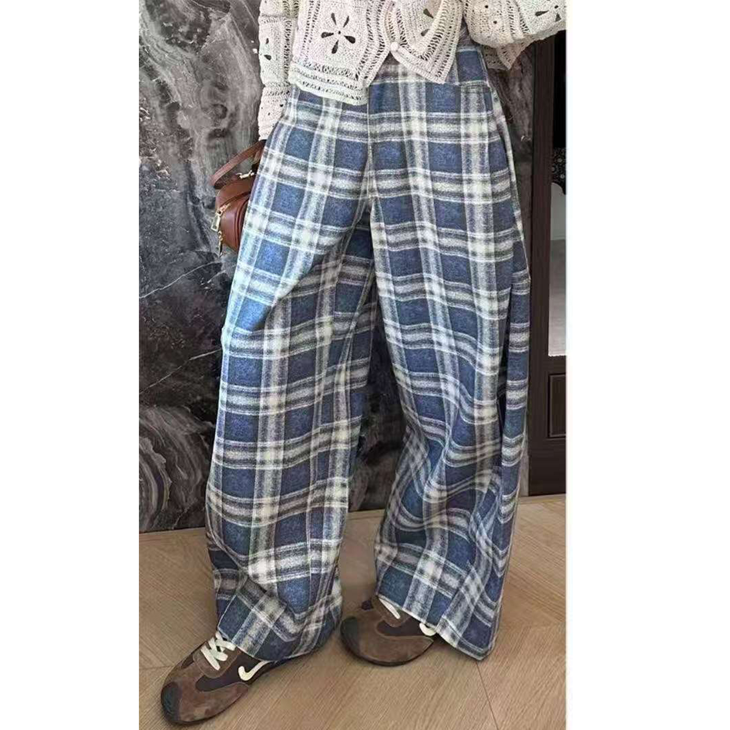 Tinman格子长裤2025秋季新款时尚百搭显瘦休闲裤女宽松直筒阔腿裤