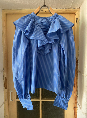 宽松蓝色条纹衬衫女荷叶边立领灯笼袖设计感上衣长袖纯棉衬衣