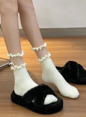 纯欲甜美风黑白色花边袜子女蝴蝶结中筒袜薄款配小皮鞋jk袜洛丽塔