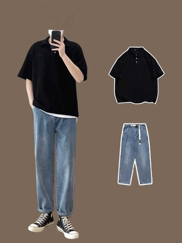男生夏季穿搭宽松透气Polo衫搭配直筒牛仔裤两件套男潮流休闲套装