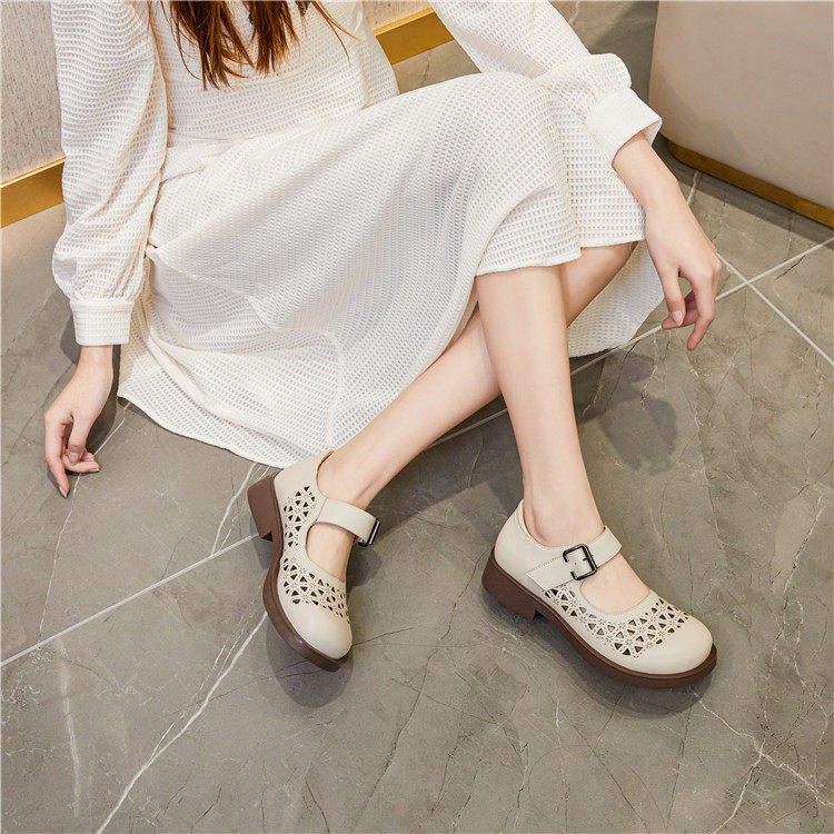 015木森鸟镂空玛丽珍鞋女圆头低跟休闲真皮洞洞鞋魔术贴浅口凉鞋,女鞋,洞洞鞋,淘宝优惠券,粉丝福利购,淘宝优惠卷