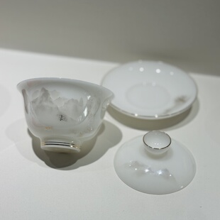 高档璞玉盖碗茶杯套装冰种陶瓷三才碗白瓷泡茶碗不烫手功夫茶具