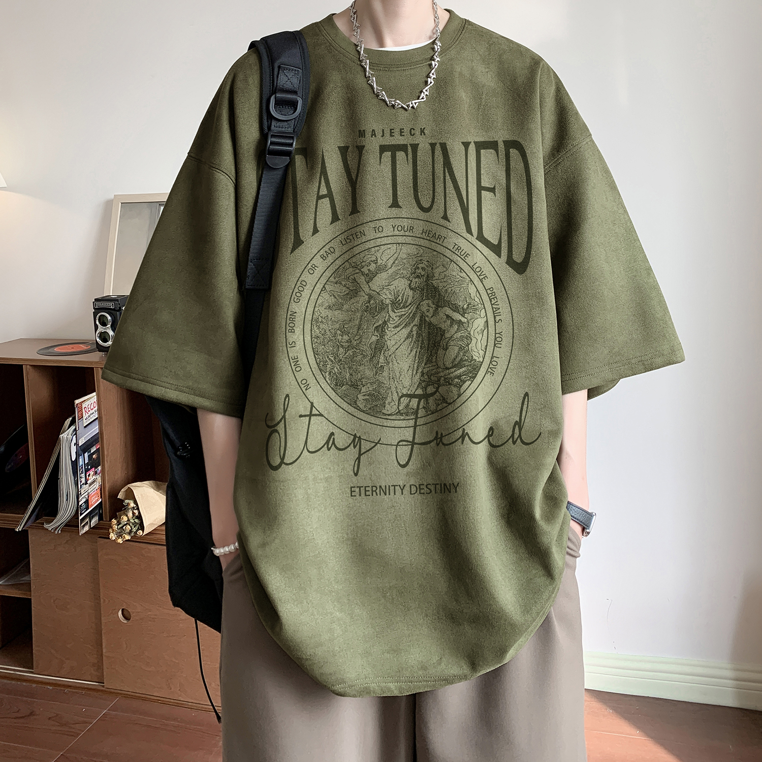 麂皮绒烧花短袖T恤军绿色T380/特批25控38，男装T恤，电商C413