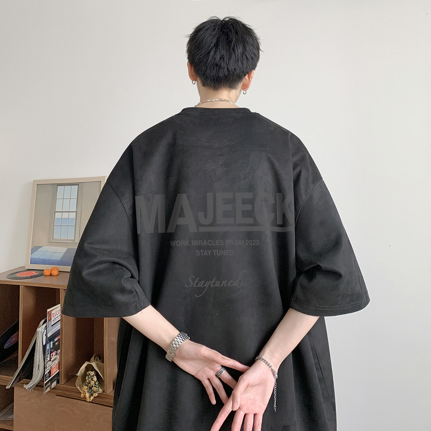 夏季鹿皮绒美式前后烧花工艺短袖T恤米色T313/特批25控38,男装T恤,电商C413