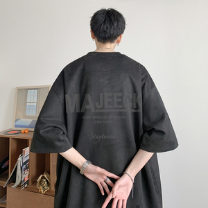 夏季鹿皮绒美式前后烧花工艺短袖T恤 米色 T313/特批25 控38图片
