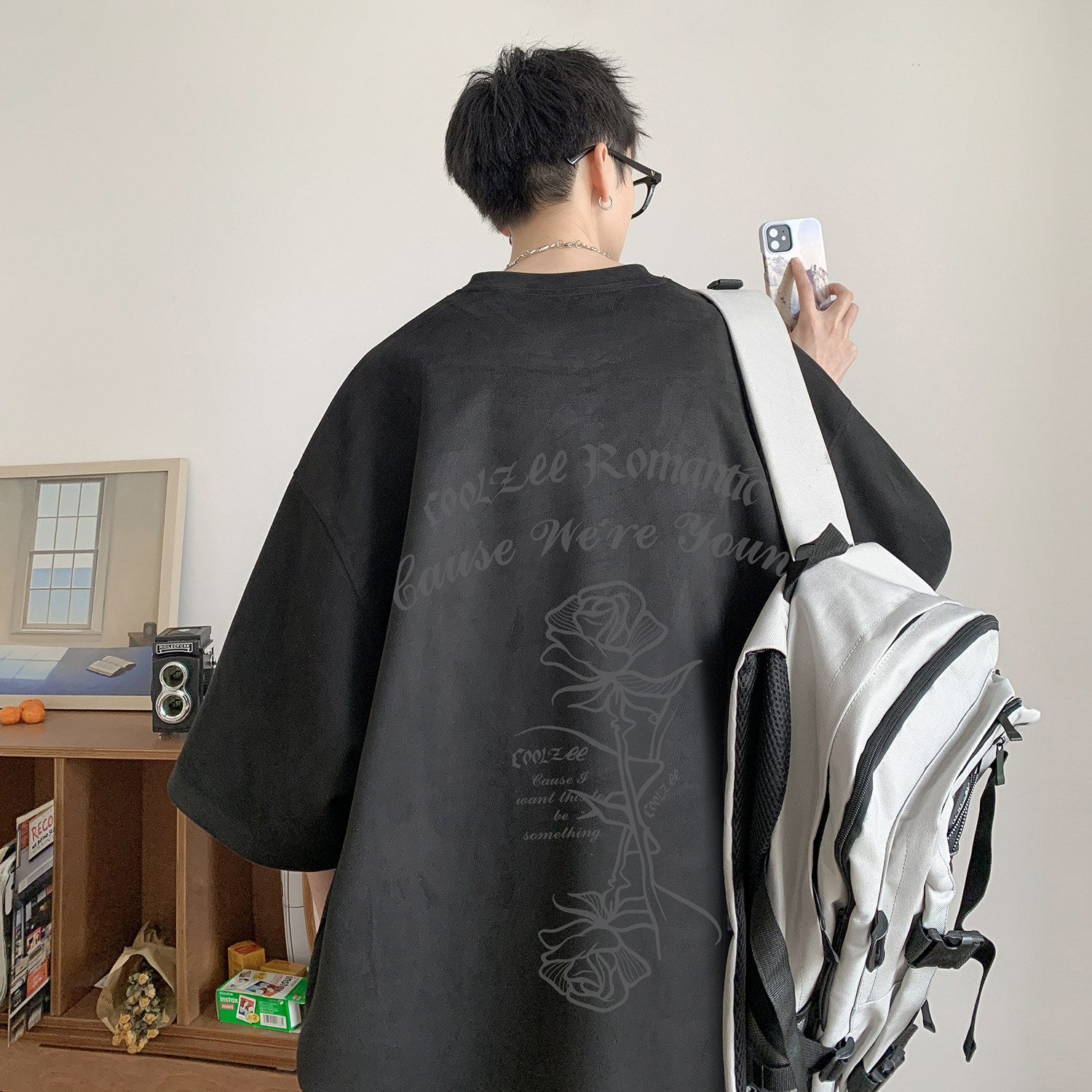 玫瑰花麂皮绒烧花短袖T恤粉色T334/特批25控38,男装T恤,电商C413