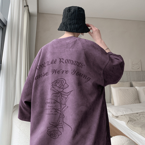潮牌麂皮绒玫瑰花烧花T恤 深灰色 T334/特批25 控38图片