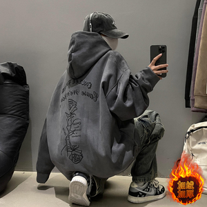 麂皮高克重磅卫衣男春秋季2025新款烧花情侣潮牌宽松大码连帽外套图片