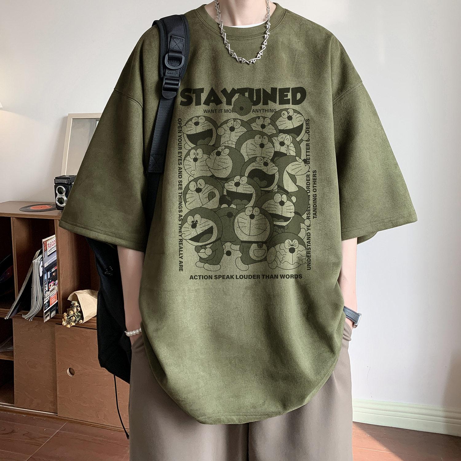 军绿色卡通烧花短袖麂皮绒情侣T恤DT2554/P25控39，男装T恤，电商C413