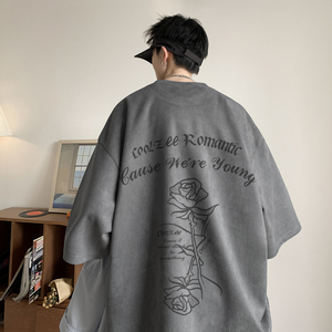 玫瑰花麂皮绒烧花短袖T恤 粉色  T334/特批25 控38图片