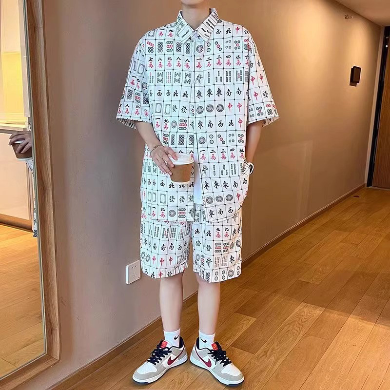 LL男装花衬衫男短袖夏季休闲国潮麻将图案薄款夏威夷居家情侣套装