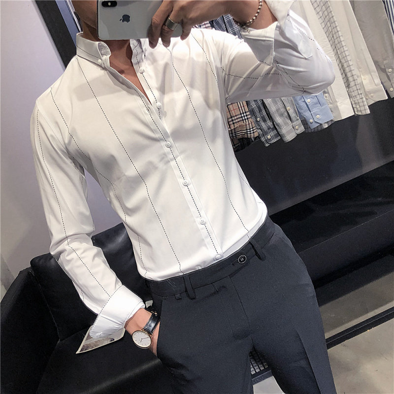 LL男装衬衫男长袖修身韩版西装衬衣商务正装休闲竖条纹中袖寸衫