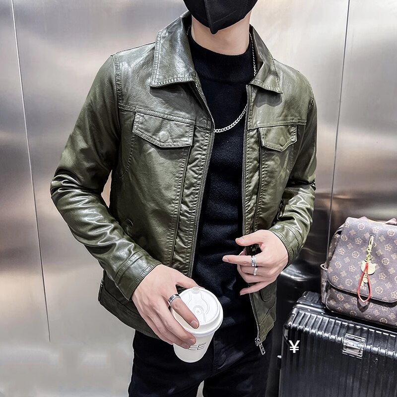 LL男装皮衣外套男高级感夹克秋冬季韩版修身加绒加厚潮牌机车上衣