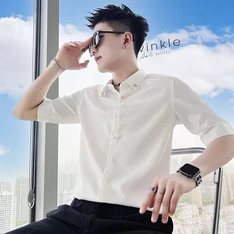 LL男装冰丝衬衫男短袖修身潮流七分袖寸衫2025新款高级感痞帅中袖