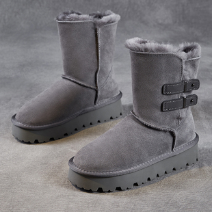 真皮厚底羊毛雪地靴女2025冬季 加绒加厚中筒保暖防滑东北面包棉靴