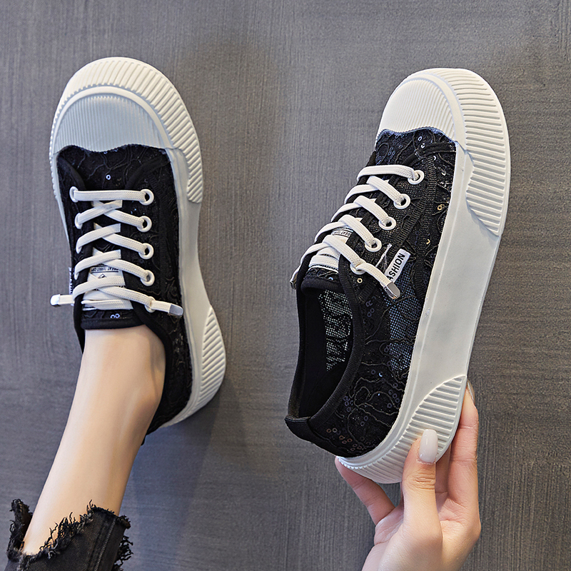 低帮圆头韩版蕾丝亮片镂空帆布鞋