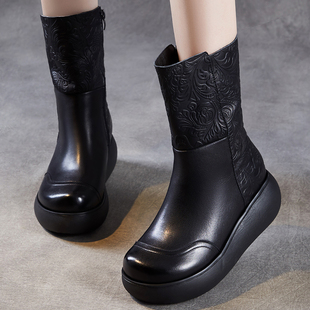 头层牛皮女鞋 厚底增高防滑加绒皮靴 靴子复古民族风压花中筒靴冬季