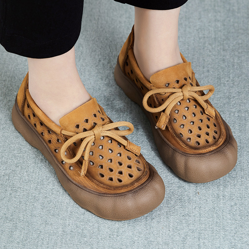 头层牛皮女鞋2026春真皮镂空透气洞洞鞋休闲系带软底舒适平底单鞋,女鞋,洞洞鞋,淘宝优惠券,粉丝福利购,淘宝优惠卷