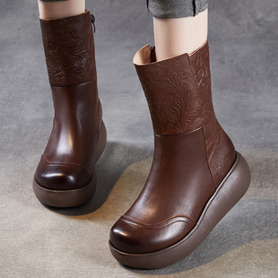 头层牛皮女鞋 加绒厚底坡跟复古民族风防滑棉靴 真皮压花中筒靴冬季