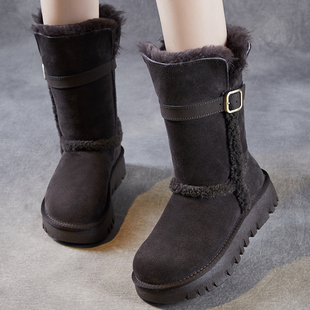 防滑中筒棉靴 加厚保暖真皮东北毛毛棉鞋 牛皮韩版 厚底雪地靴女冬季