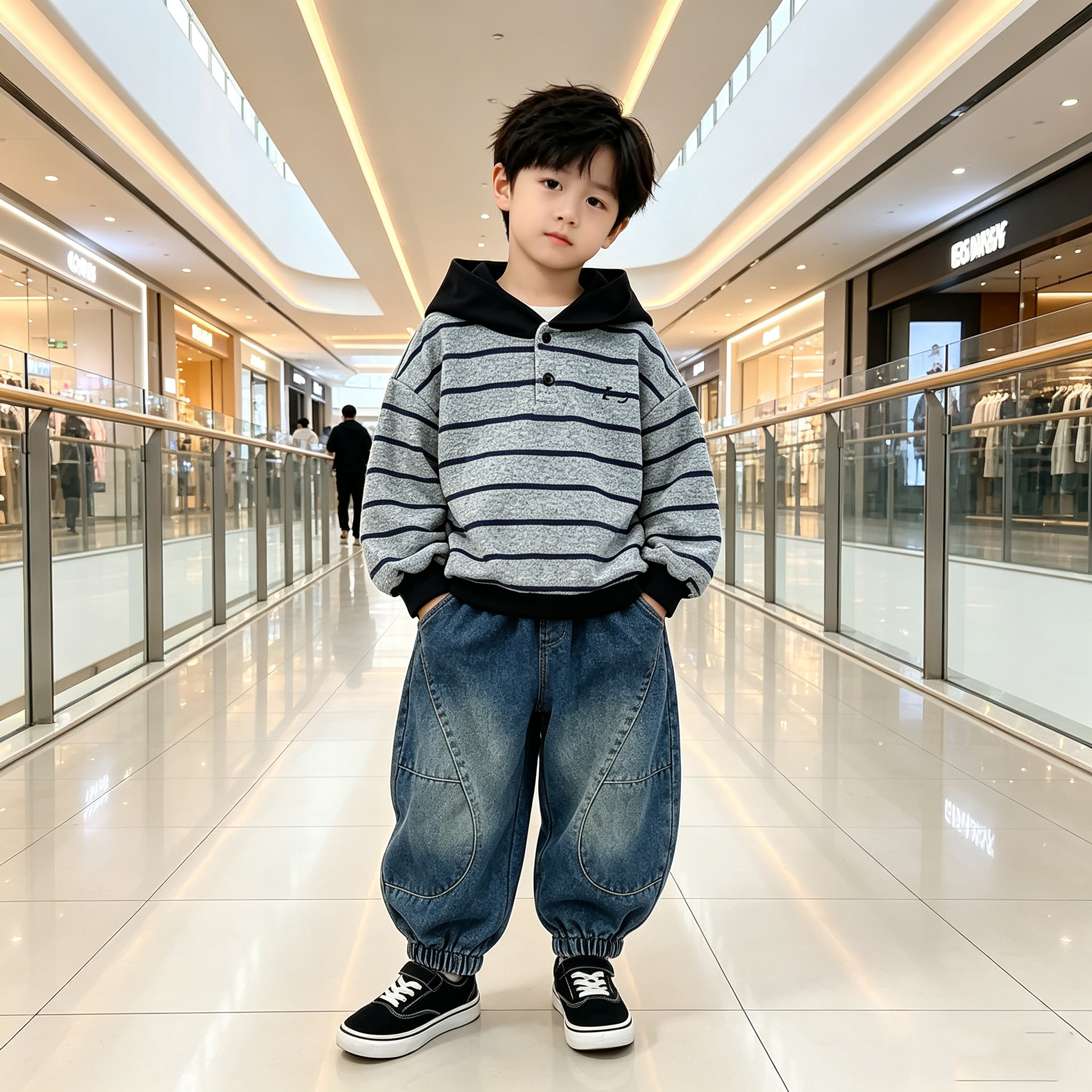男童春秋套装韩版儿童条纹连帽卫衣牛仔裤两件套宝宝酷帅时髦衣服